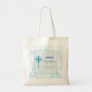 Blauw kantachtige jongensdoop tote bag