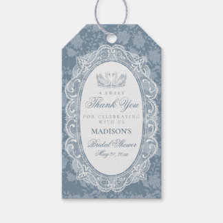 Blauw Kanten Kleedje Vintage Bloemige Bruiloftsdou Cadeaulabel