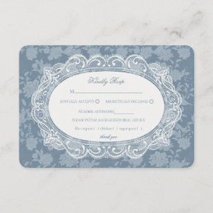 Blauw Kanten Kleedje Vintage Bloemige Trouw RSVP Informatiekaartje