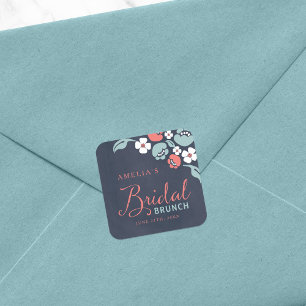 Blauw karton Floral Bridal Brunch Square Vierkante Sticker