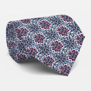 Blauw, kastanjebruin, indigo en wit wervelpatroon stropdas
