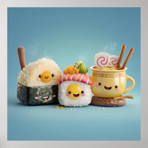 Blauw Kawaii Sushi Trio Poster