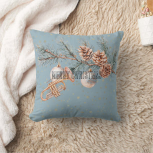 Blauw Kerstboom Dennenkegels Ornamenten Trompet Kussen