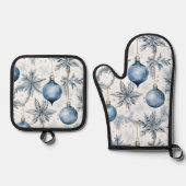 Blauw Kerstboom Ornamenten Patroon Ovenwant & Pannenlap Set (Voorkant)