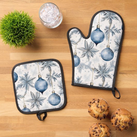 Blauw Kerstboom Ornamenten Patroon Ovenwant & Pannenlap Set (Top down)