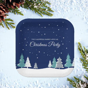 Blauw Kerstfeest Winterbomen aangepaste dessert Papieren Bordje