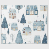 Blauw kersthuis en bomen cadeaupapier (Vlak)