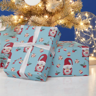 Blauw Kerstkabouter met cake Cadeaupapier