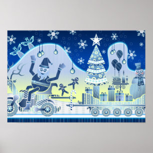 Blauw Kerstman Sneeuwman Poster Boom