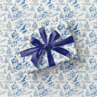 Blauw kerstman toile cadeaupapier vintage