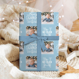 Blauw Kerstmis Calligraphy Familie 2 foto Cadeaupapier