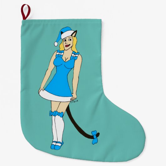 Blauw Kerstmis catgirl Grote Kerstsok (Voorkant)