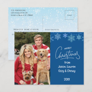 Blauw Kerstmis Familie Foto Huisdieren Bericht Feestdagenkaart