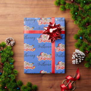 Blauw Kerstmis Script Met Aangepaste Naam Cadeaupapier