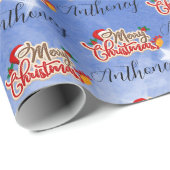 Blauw Kerstmis Script Met Aangepaste Naam Cadeaupapier (Rol Hoek)