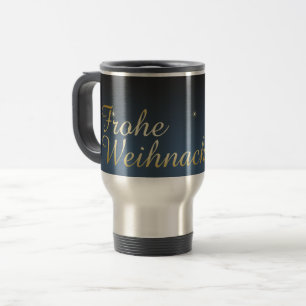 Blauw kerstmotief met gouden kerstboom reisbeker