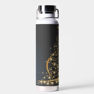 Blauw kerstmotief met gouden kerstboom waterfles