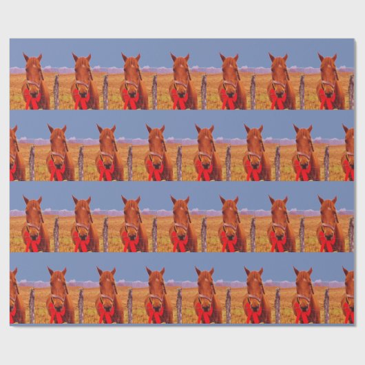 Blauw:Kerstpaard met rode boog en uitzetting Cadeaupapier (Vlak)