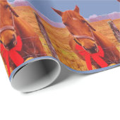 Blauw:Kerstpaard met rode boog en uitzetting Cadeaupapier (Rol Hoek)