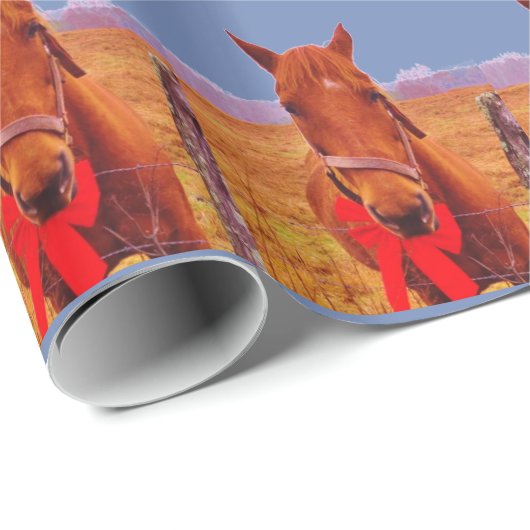 Blauw:Kerstpaard met rode boog en uitzetting Cadeaupapier (Rol Hoek)