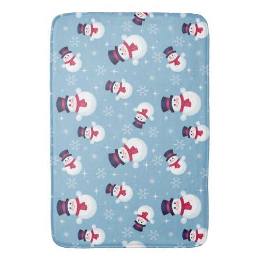Blauw kerstpatroon met sneeuwpoppen en sneeuwvlokk badmat (Voorkant Verticaal)