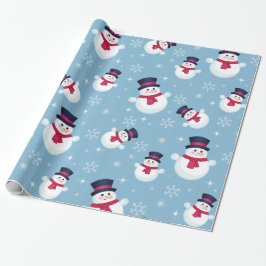 Blauw kerstpatroon met sneeuwpoppen en sneeuwvlokk cadeaupapier