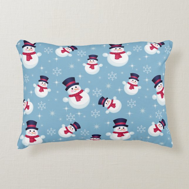 Blauw kerstpatroon met sneeuwpoppen en sneeuwvlokk decoratief kussen (Voorkant)