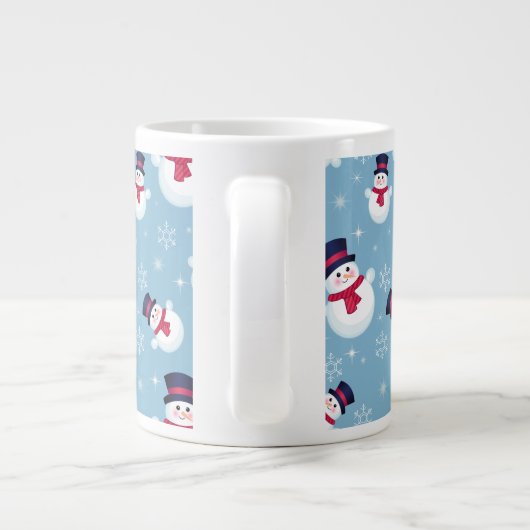 Blauw kerstpatroon met sneeuwpoppen en sneeuwvlokk extra grote mok (Achterkant)