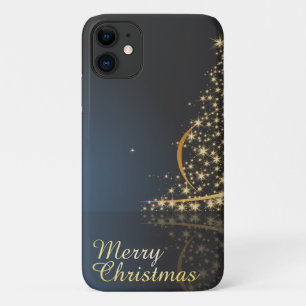 Blauw kerstthema met gouden kerstboom iPhone 11 hoesje