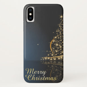 Blauw kerstthema met gouden kerstboom iPhone x hoesje
