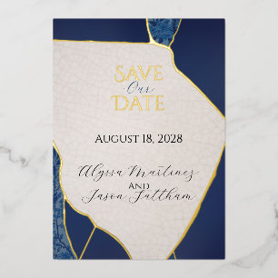 Blauw Kintsugi Geïnspireerde Folie Save the Date Uitnodiging