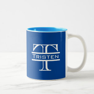 Blauw klassiek wit monogram tweekleurige koffiemok