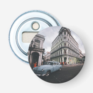 Blauw Klassieke Vintage Car Cityscape Button Flesopener