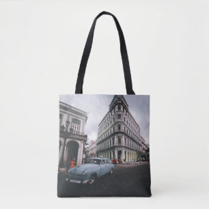 Blauw Klassieke Vintage Car Cityscape Draagtas