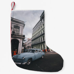 Blauw Klassieke Vintage Car Cityscape Kleine Kerstsok