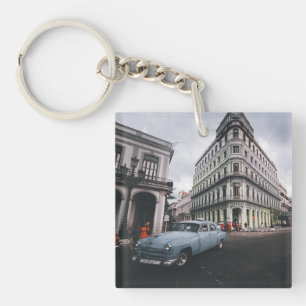 Blauw Klassieke Vintage Car Cityscape Sleutelhanger