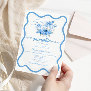 Blauw Klein Pompoen Bow Wave Lijst Baby shower Kaart