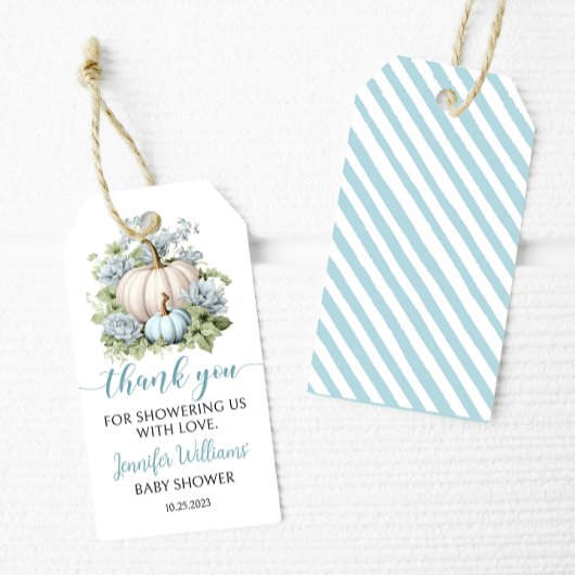 Blauw klein pompoen jongen baby shower dank u labe cadeaulabel