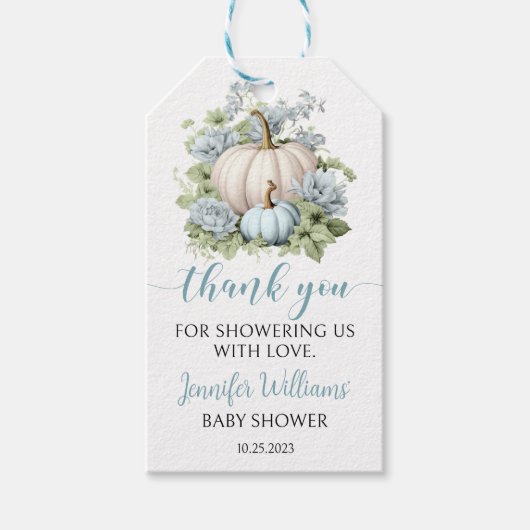 Blauw klein pompoen jongen baby shower dank u labe cadeaulabel (Voorkant)