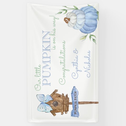 Blauw Klein Pompoen Patch Boy Baby shower Spandoek (Verticaal)