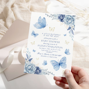 blauw klein vlinderjongetje baby shower kaart