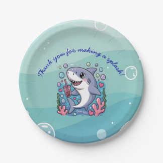 Blauw Kleine Borrelende Boba Haai Baby Shower Papieren Bordje