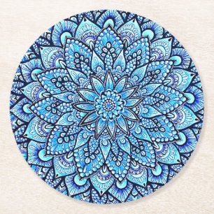 Blauw Kleur Potlood Mandala Ontwerp Kunst Ronde Kartonnen Onderzetter