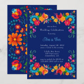 Blauw Kleurrijke Mexicaanse Fiesta bruiloft Kaart (Voorkant / Achterkant)