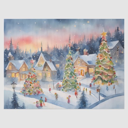 Blauw Kleurrijke Waterverf Decoupage Winter Scene Tissuepapier (Voorkant)