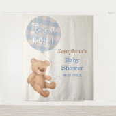 Blauw Knuffelbeer Baby Shower Achtergrond Wandkleed (Voorkant)