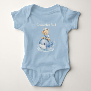 Blauw Knuffelbeer Op Walvis Jongens Baby Shower Romper