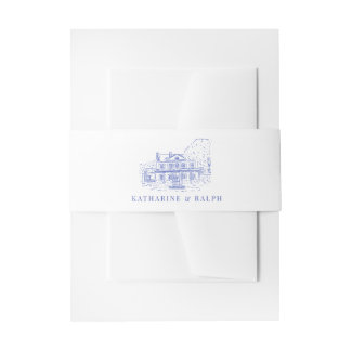 Blauw koloniaal huis/herenhuis/Manor bruiloft Uitnodigingen Wikkel