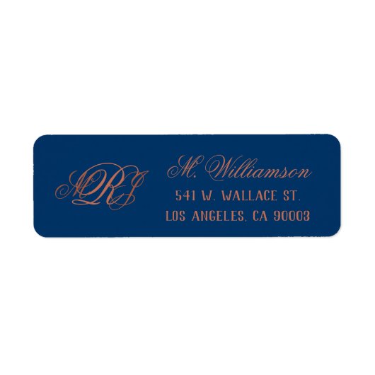 Blauw Koper Monogram Bruiloft Retouradres Etiket (Voorkant)