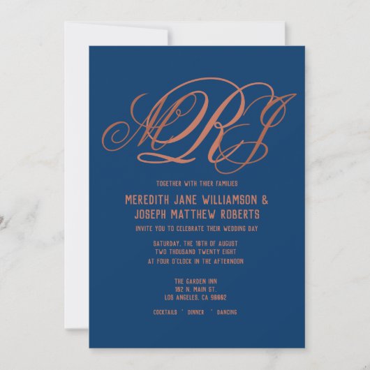 Blauw Koperen Elegant Monogram Schrift Bruiloft Kaart (Voorkant)